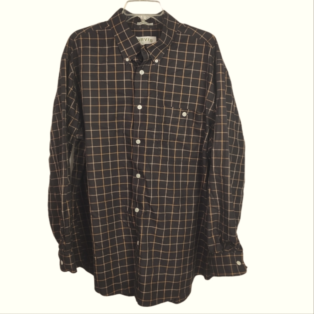 Orvis Mens Cotton Brown Plaid  Button Down Long Sleeve Shirt SZ XL